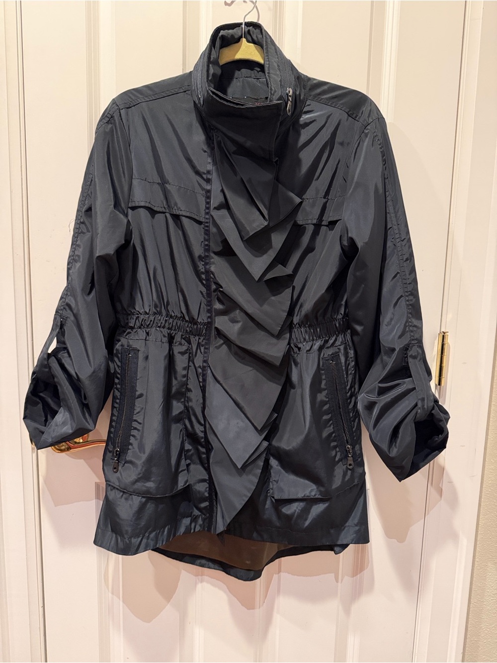Women’s Black Ruffle-Front Trench Coat